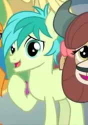 Size: 247x351 | Tagged: safe, derpibooru import, screencap, huckleberry, sandbar, smolder, yona, earth pony, pony, yak, teacher of the month (episode), spoiler:interseason shorts, cropped, female, friendship student, male, offscreen character, smiling