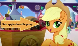 Size: 715x429 | Tagged: safe, derpibooru import, edit, edited screencap, screencap, applejack, unnamed character, unnamed pony, earth pony, pony, my little pony: the movie, apple cider, applejack's hat, arrow, background pony, balloon, canterlot, captain obvious, cart, cowboy hat, cropped, cute, female, friendship festival, hat, jackabetes, mare, market, pennant, pun, raised hoof, text