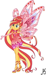 Size: 2185x3577 | Tagged: safe, artist:sparkling-sunset-s08, derpibooru import, sunset shimmer, fairy, human, equestria girls, bloom (winx club), clothes, crossover, dress, ear piercing, earring, enchantix, fairy dust, fairy wings, gloves, hasbro, hasbro studios, humanized, jewelry, long gloves, long hair, piercing, rainbow s.r.l, red dress, red wings, winged humanization, wings, winx club