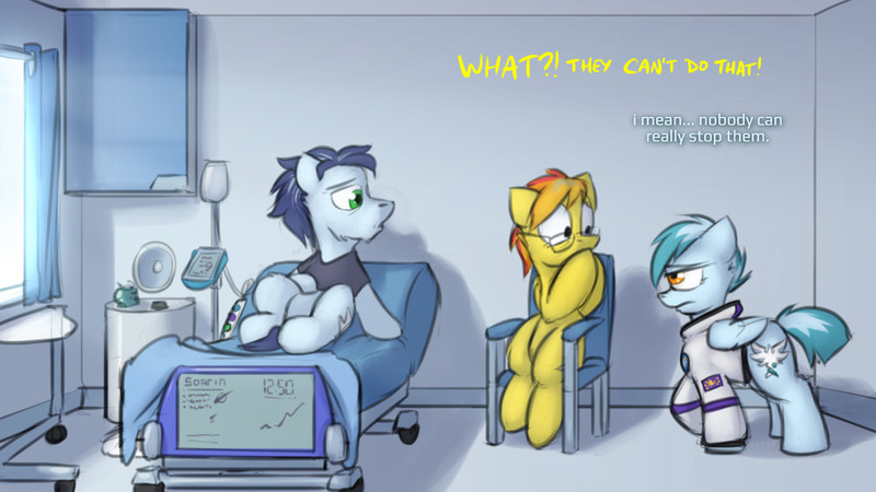 Size: 1280x720 | Tagged: safe, artist:captainhoers, derpibooru import, soarin', spitfire, oc, oc:concorde, pony, the sunjackers, bed, cyberpunk, family, female, glasses, hospital, hospital bed, male, mare, offspring, older, parent:soarin', parent:spitfire, parents:soarinfire, shipping, soarinfire, stallion, straight