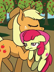 Size: 1350x1800 | Tagged: safe, artist:flutterluv, derpibooru import, apple bloom, applejack, earth pony, pony, apple, apple bloom is not amused, apple tree, applejack's hat, behaving like a cat, bow, carrying, cowboy hat, eyes closed, female, filly, hair bow, hat, holding a pony, mare, mouth hold, ponified animal photo, scruff, tree, unamused