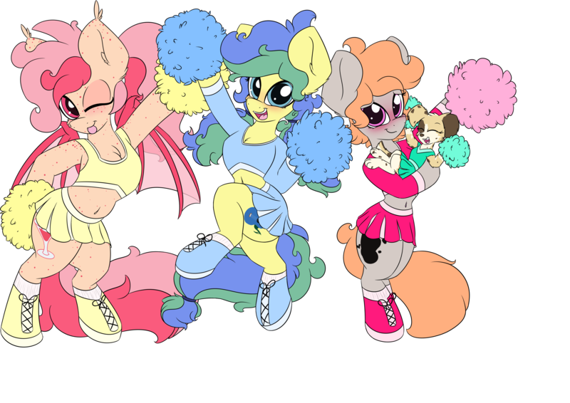 Size: 3552x2513 | Tagged: safe, artist:k-kopp, derpibooru import, oc, oc:candy apple, oc:ink drop, oc:riley, oc:zoey ann d'quiri, bat pony, earth pony, pony, belly button, cheerleader, cheerleader outfit, clothes, female, midriff, puppy, simple background, skirt, transparent background