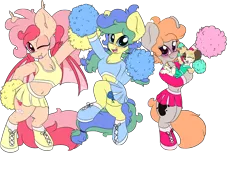 Size: 3552x2513 | Tagged: safe, artist:k-kopp, derpibooru import, oc, oc:candy apple, oc:ink drop, oc:riley, oc:zoey ann d'quiri, bat pony, earth pony, pony, belly button, cheerleader, cheerleader outfit, clothes, female, midriff, puppy, simple background, skirt, transparent background