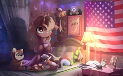 Size: 4000x2500 | Tagged: safe, artist:freeedon, derpibooru import, oc, unofficial characters only, bear, pony, semi-anthro, squirrel, unicorn, :<, :i, american flag, animated in description, bed, bedroom, book, cheek fluff, clock, clothes, commission, curtains, cute, ear fluff, eating, eye clipping through hair, female, filly, flag, floppy ears, fluffy, food, grin, hoof hold, lamp, leg fluff, looking up, mare, neck fluff, night, picture, picture frame, pillow, pipe, robe, sitting, smiling, squee, stars, sticky note, sweater, tea, window