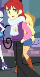 Size: 382x720 | Tagged: safe, derpibooru import, screencap, applejack, nolan north, rarity, equestria girls, equestria girls series, street chic, spoiler:eqg series (season 2), background human, clothes, cropped, hands in pockets, high heels, male, pants, scarf, shoes