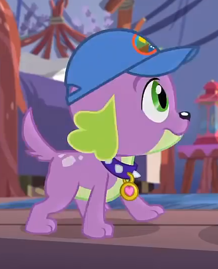 Size: 438x540 | Tagged: safe, derpibooru import, screencap, spike, spike the regular dog, dog, equestria girls, legend of everfree, cap, cropped, hat, male, paws, spike's dog collar, tail