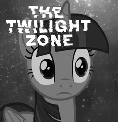 Size: 378x391 | Tagged: safe, derpibooru import, twilight sparkle, twilight sparkle (alicorn), alicorn, pony, black and white, grayscale, monochrome, pun, solo, the twilight zone, word play