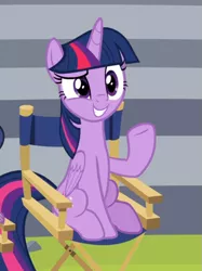 Size: 565x755 | Tagged: safe, derpibooru import, screencap, spike, twilight sparkle, twilight sparkle (alicorn), alicorn, pony, horse play, chair, cropped, director spike, director's chair, female, offscreen character, sitting, smiling