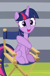 Size: 537x810 | Tagged: safe, derpibooru import, screencap, twilight sparkle, twilight sparkle (alicorn), alicorn, pony, horse play, chair, cropped, director's chair, female, open mouth, sitting, smiling