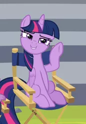 Size: 542x781 | Tagged: safe, derpibooru import, screencap, spike, twilight sparkle, twilight sparkle (alicorn), alicorn, pony, horse play, chair, cropped, director spike, director's chair, female, lidded eyes, offscreen character, sitting, smiling, smirk