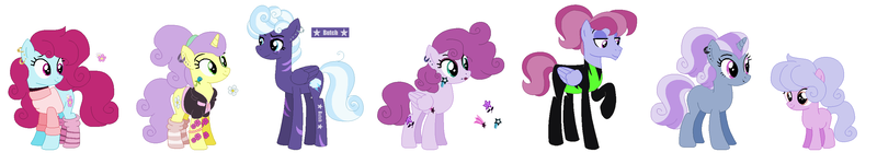 Size: 2796x524 | Tagged: safe, artist:fandom-crockpot, artist:selenaede, derpibooru import, bluebonnet, rolling thunder, sunshine petals, oc, oc:blue lightning (ice1517), oc:flower shines, oc:sunray zap, oc:tulip seed, earth pony, pegasus, pony, unicorn, icey-verse, alternate hairstyle, base used, bluethunder, bluethunderpetals, butch lesbian, clothes, ear piercing, earring, eye scar, eyeshadow, family, female, filly, jacket, jewelry, leather jacket, lesbian, lip piercing, lipstick, magical lesbian spawn, makeup, mare, mother and child, mother and daughter, next generation, offspring, parent:bluebonnet, parent:rolling thunder, parent:sunshine petals, parents:bluethunder, parents:rollingpetals, parents:sunbonnet, piercing, polyamory, ponytail, raised hoof, rollingpetals, scar, scrunchie, shipping, siblings, simple background, sisters, socks, striped socks, sunbonnet, tattoo, the washouts, uniform, wall of tags, washouts uniform, white background