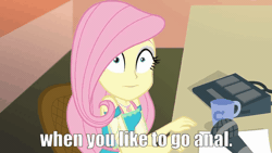 Size: 1000x562 | Tagged: suggestive, derpibooru import, fluttershy, equestria girls, equestria girls series, fluttershy's butterflies, animated, caption, image macro, impact font, implied anal, implied sex, meme, microphone, nervous, solo, text