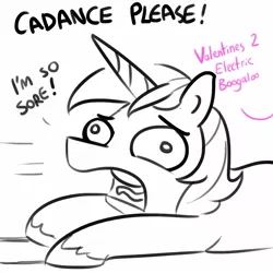 Size: 1650x1650 | Tagged: suggestive, artist:tjpones, derpibooru import, princess cadance, shining armor, pony, unicorn, and that's how flurry heart was made, dialogue, dragged, dragging, electric boogaloo, good clean married sex, holiday, implied princess cadance, implied sex, male, monochrome, offscreen character, panicking, princess cadance is always horny, sex, sketch, stallion, this will end in snu snu, valentine's day, worry