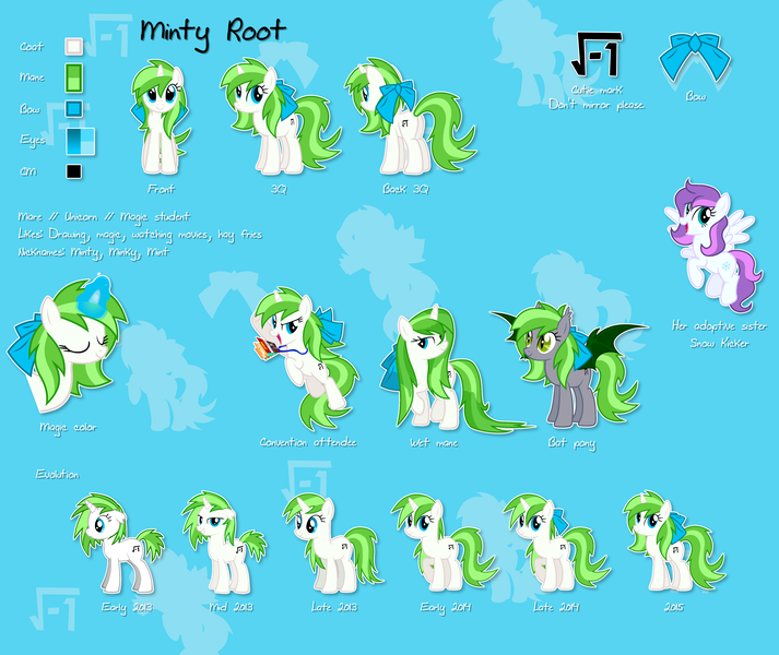 Size: 3920x3298 | Tagged: safe, derpibooru import, oc, oc:minty root, oc:snow kicker, bat pony, pegasus, pony, unicorn, badge, bow, con badge, evolution chart, female, mare, pokémon, reference sheet, show accurate, wet, wet mane