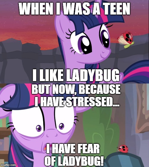 Size: 500x562 | Tagged: safe, derpibooru import, edit, edited screencap, screencap, twilight sparkle, twilight sparkle (alicorn), alicorn, insect, ladybug, pony, it ain't easy being breezies, season 4, starlight the hypnotist, spoiler:interseason shorts, caption, comic, comparison, engrish, female, floppy ears, grammar error, image macro, impact font, mare, screencap comic, solo, text, twilight hates ladybugs