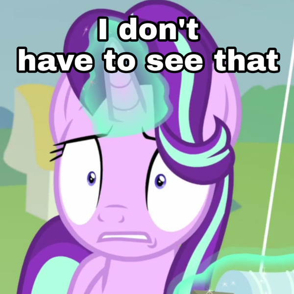 Size: 1080x1080 | Tagged: safe, derpibooru import, screencap, starlight glimmer, pony, unicorn, starlight the hypnotist, spoiler:interseason shorts, concerned, cropped, glowing horn, horn, i don't have to see that, levitation, magic, meme, reaction image, teeth, telekinesis