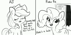 Size: 4096x2048 | Tagged: suggestive, artist:tjpones, derpibooru import, part of a set, applejack, pinkie pie, earth pony, pony, anal beads, applejack's hat, cowboy hat, cuffs, dialogue, dildo, eyes closed, female, freckles, grayscale, hat, implied anal, implied sex, kinkie pie, mare, monochrome, open mouth, sex toy