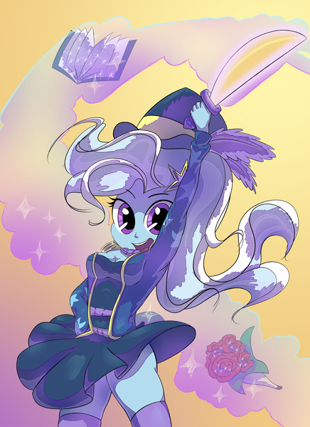 Size: 3200x4400 | Tagged: safe, artist:hananpacha, derpibooru import, trixie, equestria girls, equestria girls series, street magic with trixie, spoiler:eqg series (season 2), bouquet, clothes, cute, diatrixes, flower, hat, implied sci-twi, magic, open mouth, schrödinger's pantsu, sideass, skirt, skirt lift, socks, solo, sword, telekinesis, thigh highs, thighs, weapon, zettai ryouiki