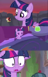 Size: 410x651 | Tagged: safe, derpibooru import, screencap, twilight sparkle, twilight sparkle (alicorn), alicorn, insect, ladybug, pony, ail-icorn, it ain't easy being breezies, starlight the hypnotist, spoiler:interseason shorts, age regression, baby, baby pony, babylight sparkle, bed, coccinellidaephobia, floppy ears, solo, theory, this explains everything, twilight hates ladybugs, younger