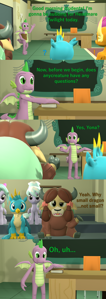 Size: 1920x5400 | Tagged: 3d, alicorn, artist:papadragon69, binder, book, canterlot high, chair, classroom, cloudchaser, comic, comic:spike's cyosa, cyoa, derpibooru import, desk, dragon, flitter, gallus, growth spurt, older, older spike, safe, smolder, source filmmaker, spike, teenager, teenage spike, winged spike, yona