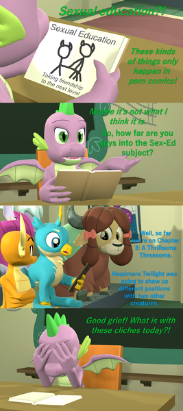 Size: 1920x4320 | Tagged: 3d, artist:papadragon69, binder, book, canterlot high, chair, classroom, cloudchaser, comic, comic:spike's cyosa, cyoa, derpibooru import, desk, double facepalm, dragon, facepalm, fourth wall destruction, gallus, lampshade hanging, leaning on the fourth wall, notebook, ocellus, older, older spike, questionable, sex education, smolder, source filmmaker, spike, stick figure, teenager, teenage spike, winged spike, yona