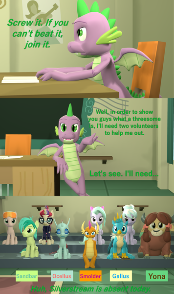 Size: 1920x3240 | Tagged: 3d, artist:papadragon69, binder, book, canterlot high, chair, classroom, cloudchaser, comic, comic:spike's cyosa, cyoa, derpibooru import, desk, dragon, flitter, gallus, moondancer, ocellus, older, older spike, questionable, sandbar, sex education, smolder, source filmmaker, spike, teenager, teenage spike, winged spike, yona