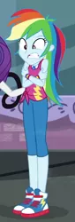 Size: 320x946 | Tagged: safe, derpibooru import, screencap, rainbow dash, rarity, equestria girls, equestria girls series, street chic, spoiler:eqg series (season 2), clothes, cold, converse, cropped, cute, dashabetes, freezing, geode of super speed, magical geodes, offscreen character, shivering, shoes, sleeveless, sneakers, solo, tanktop