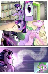 Size: 1800x2786 | Tagged: safe, artist:candyclumsy, author:bigonionbean, derpibooru import, spike, twilight sparkle, twilight sparkle (alicorn), alicorn, dragon, ghost, pony, undead, comic:twilight's kronenberg, absorption, book, canterlot, comic, commissioner:bigonionbean, dragoness, female, library, possessed, possession, spike's mother, spirit