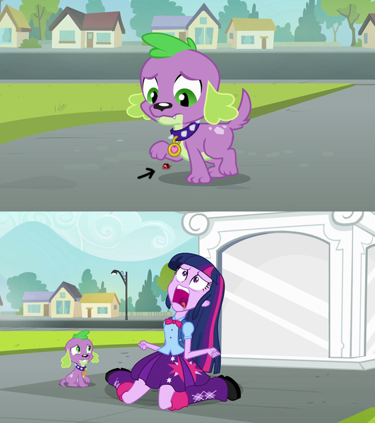 Size: 1920x2160 | Tagged: safe, derpibooru import, edit, edited screencap, screencap, spike, twilight sparkle, dog, insect, ladybug, equestria girls, equestria girls (movie), starlight the hypnotist, spoiler:interseason shorts, arrow, crossing the memes, duo, exploitable meme, meme, screaming, spike the dog, that explains everything, twilight hates ladybugs, twiscream