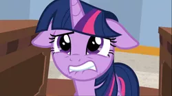 Size: 1668x936 | Tagged: safe, derpibooru import, screencap, twilight sparkle, twilight sparkle (alicorn), alicorn, pony, friendship university, female, floppy ears, lip bite, mare, stressed, teeth, worried