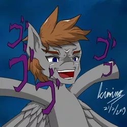 Size: 984x984 | Tagged: safe, artist:kiminofreewings, derpibooru import, oc, oc:kimino, ponified, pegasus, pony, anime, armpits, bust, dio brando, jojo's bizarre adventure, male, meme face, original art, reference, simple background, solo