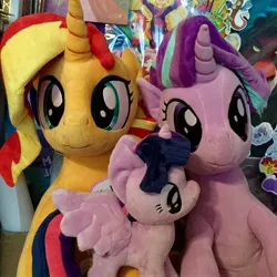 Size: 2048x2048 | Tagged: safe, artist:nekokevin, derpibooru import, starlight glimmer, sunset shimmer, twilight sparkle, twilight sparkle (alicorn), alicorn, pony, series:nekokevin's glimmy, female, irl, looking at you, mare, photo, plushie, sitting, size difference, smiling, starlight's little twibird