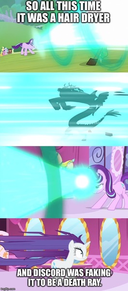 Size: 452x1024 | Tagged: a matter of principals, blast, derpibooru import, discord, draconequus, edit, edited screencap, imgflip, magic, magic beam, magic blast, rarity, rarity's biggest fan, safe, screencap, spike, spoiler:interseason shorts, starlight glimmer, wrong