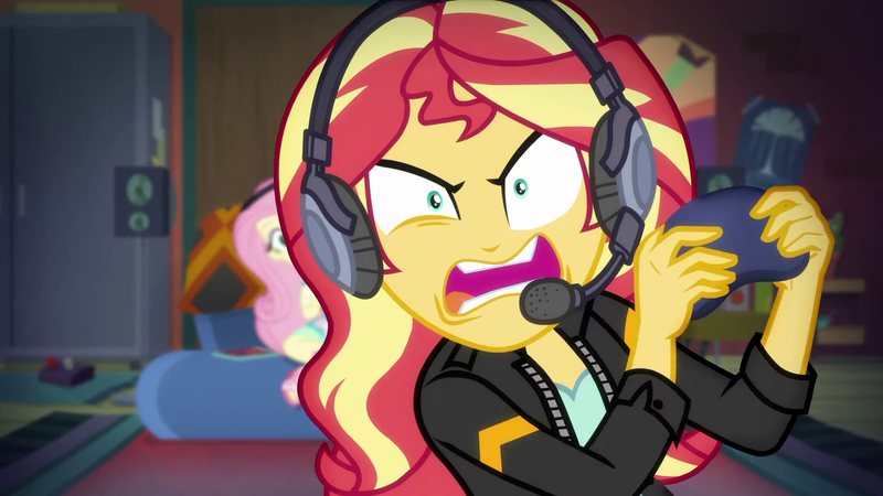 Size: 1920x1080 | Tagged: safe, derpibooru import, screencap, fluttershy, sunset shimmer, equestria girls, equestria girls series, game stream, spoiler:eqg series (season 2), angry, clothes, frustrated, funny face, gamer sunset, gaming, headphones, headset, psycho gamer sunset, rageset shimmer, shrunken pupils, sunset gamer