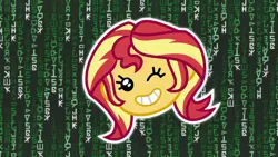 Size: 1920x1080 | Tagged: safe, derpibooru import, screencap, sunset shimmer, equestria girls, equestria girls series, game stream, spoiler:eqg series (season 2), emoji, shimmercode, the matrix, written equestrian