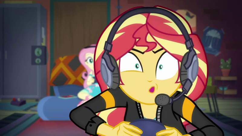 Size: 1920x1080 | Tagged: safe, derpibooru import, screencap, fluttershy, sunset shimmer, equestria girls, equestria girls series, game stream, spoiler:eqg series (season 2), gamer sunset, headphones, headset, psycho gamer sunset, sunset gamer