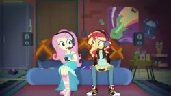 Size: 1920x1080 | Tagged: safe, derpibooru import, screencap, fluttershy, sunset shimmer, equestria girls, equestria girls series, game stream, spoiler:eqg series (season 2), clothes, converse, feet, gamer sunset, gamershy, headphones, headset, jeans, pants, sandals, shoes, sneakers, sunset gamer, sunset's apartment