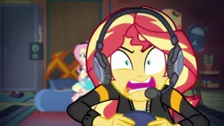 Size: 1920x1080 | Tagged: safe, derpibooru import, screencap, fluttershy, sunset shimmer, equestria girls, equestria girls series, game stream, spoiler:eqg series (season 2), gamer sunset, headphones, headset, psycho gamer sunset, shrunken pupils, sunset gamer