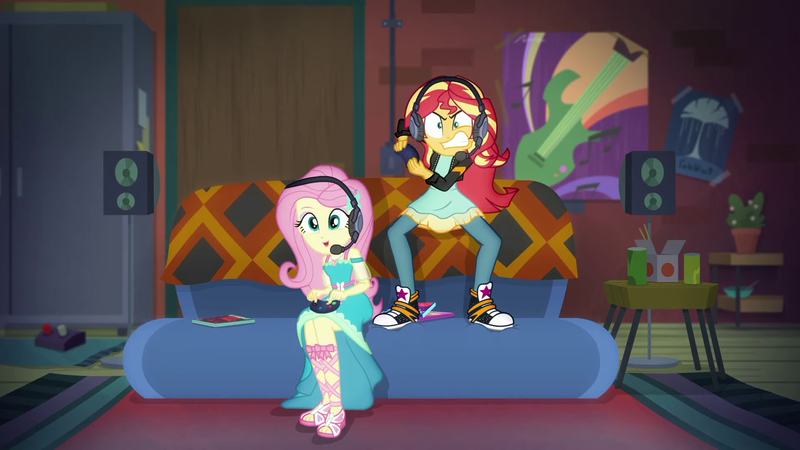 Size: 1920x1080 | Tagged: safe, derpibooru import, screencap, fluttershy, sunset shimmer, equestria girls, equestria girls series, game stream, spoiler:eqg series (season 2), clothes, converse, gamer sunset, gamershy, headphones, headset, psycho gamer sunset, shoes, sneakers, sunset gamer, sunset's apartment