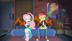 Size: 800x450 | Tagged: safe, derpibooru import, screencap, fluttershy, sunset shimmer, equestria girls, equestria girls series, game stream, spoiler:eqg series (season 2), animated, clothes, controller, converse, headphones, headset, shoes, sneakers