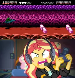 Size: 1920x1995 | Tagged: safe, derpibooru import, edit, screencap, fluttershy, sunset shimmer, equestria girls, equestria girls series, game stream, spoiler:eqg series (season 2), battletoads, controller, frustrated, game, gamer sunset, headphones, meme, psycho gamer sunset, sunset gamer, sunset shimmer frustrated at game, that one level