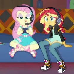Size: 731x730 | Tagged: safe, derpibooru import, screencap, fluttershy, sunset shimmer, equestria girls, equestria girls series, game stream, spoiler:eqg series (season 2), clothes, converse, cropped, gamer sunset, gamershy, headphones, headset, shoes, sneakers, tongue out