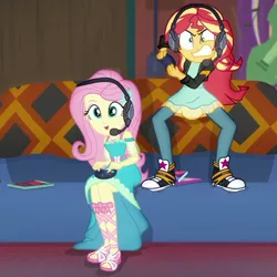 Size: 898x898 | Tagged: safe, derpibooru import, screencap, fluttershy, sunset shimmer, equestria girls, equestria girls series, game stream, spoiler:eqg series (season 2), clothes, converse, cropped, gamer sunset, gamershy, headphones, headset, shoes, sneakers