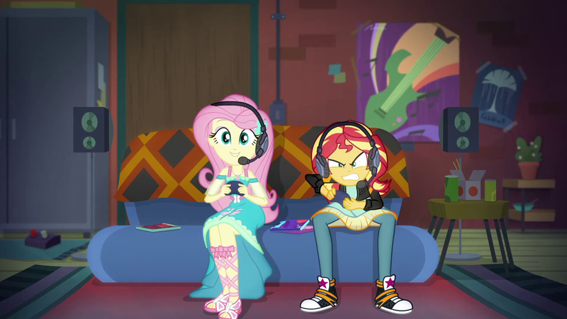 Size: 1920x1080 | Tagged: safe, derpibooru import, screencap, fluttershy, sunset shimmer, equestria girls, equestria girls series, game stream, spoiler:eqg series (season 2), clothes, converse, gamer sunset, gamershy, headphones, shoes, sneakers