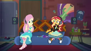 Size: 1920x1080 | Tagged: safe, derpibooru import, screencap, fluttershy, sunset shimmer, equestria girls, equestria girls series, game stream, spoiler:eqg series (season 2), clothes, converse, gamer sunset, gamershy, headphones, shoes, sneakers, sunset gamer, sunset's apartment