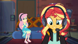 Size: 720x405 | Tagged: safe, derpibooru import, edit, edited screencap, screencap, fluttershy, sunset shimmer, equestria girls, equestria girls series, game stream, spoiler:eqg series (season 2), animated, clothes, controller, converse, headphones, headset, shoes, smiling, sneakers, text, unsuspecting