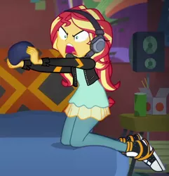 Size: 788x819 | Tagged: safe, derpibooru import, screencap, sunset shimmer, equestria girls, equestria girls series, game stream, spoiler:eqg series (season 2), clothes, converse, cropped, female, gamer sunset, headphones, headset, rageset shimmer, shoes, shrunken pupils, sneakers, solo, sunset gamer