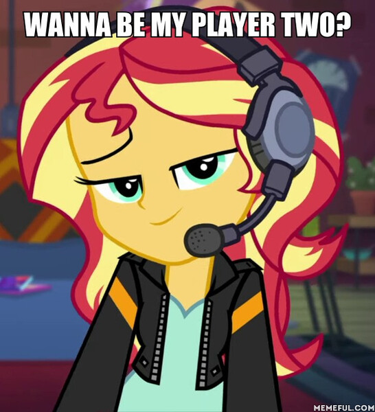 Size: 600x659 | Tagged: safe, derpibooru import, edit, edited screencap, screencap, sunset shimmer, equestria girls, equestria girls series, game stream, spoiler:eqg series (season 2), bedroom eyes, bronybait, caption, flirting, gamer sunset, headphones, headset, image macro, impact font, meme, solo, sunset gamer, text