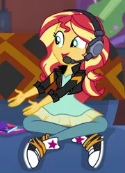 Size: 455x631 | Tagged: safe, derpibooru import, screencap, sunset shimmer, equestria girls, equestria girls series, game stream, spoiler:eqg series (season 2), clothes, converse, cropped, gamer sunset, headphones, headset, shoes, sneakers, solo, sunset gamer