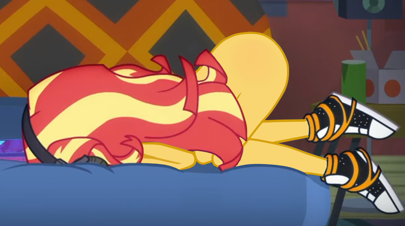 Size: 944x529 | Tagged: suggestive, derpibooru import, edit, edited screencap, screencap, sunset shimmer, equestria girls, equestria girls series, game stream, spoiler:eqg series (season 2), bunset shimmer, butt, casual nudity, clothes, converse, cropped, face down ass up, headphones, headset, nude edit, nudity, shoes, shoes only, sneakers, solo, sunset's apartment, that was fast, the ass was fat